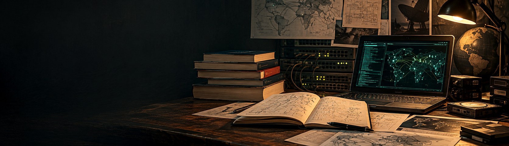 Scrivania con documentazione tecnica, reti e strumenti digitali